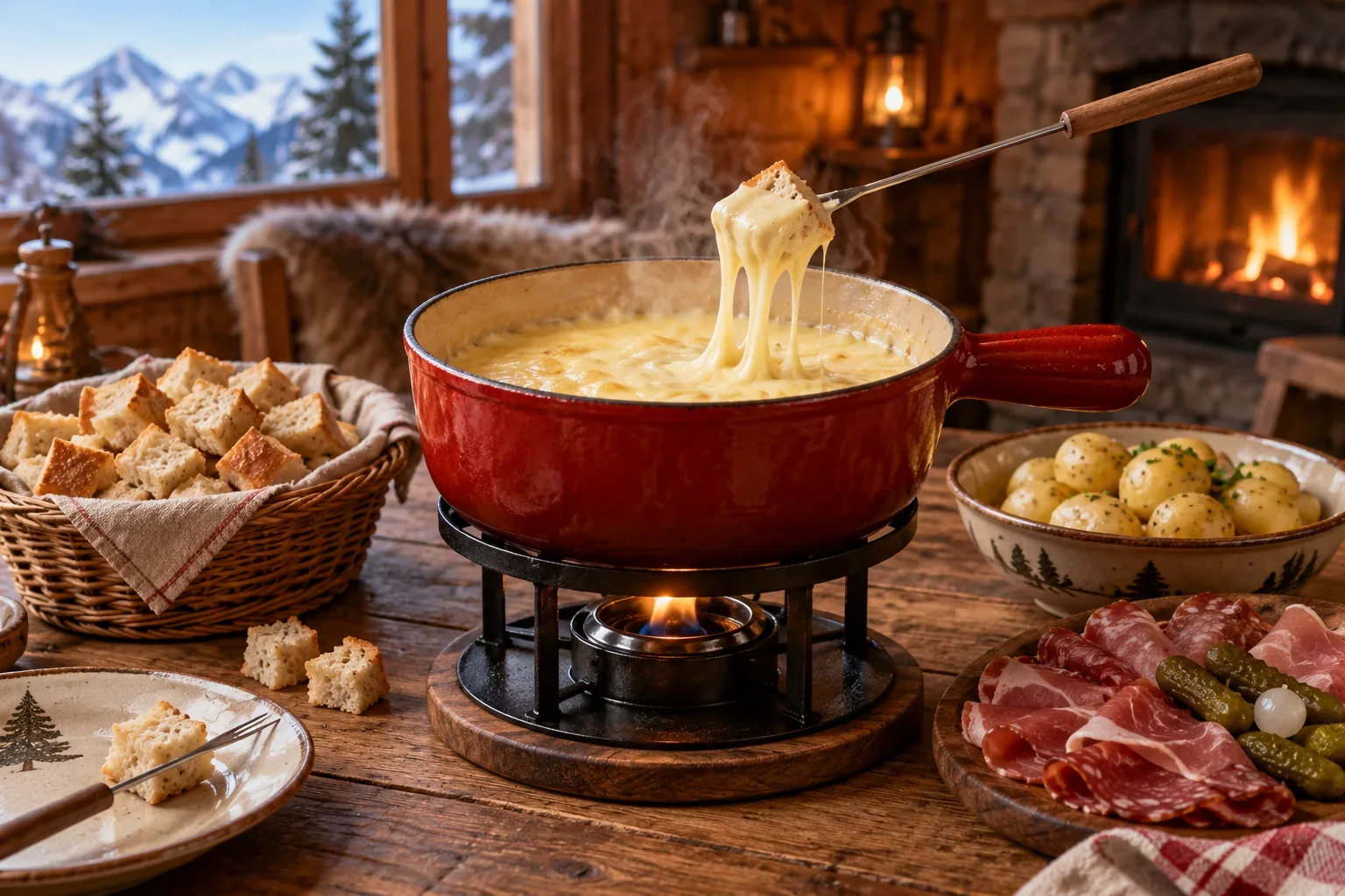 Un caquelon de fondue savoyarde crémeuse, entouré de cubes de pain, de pommes de terre et d'un bol de charcuterie