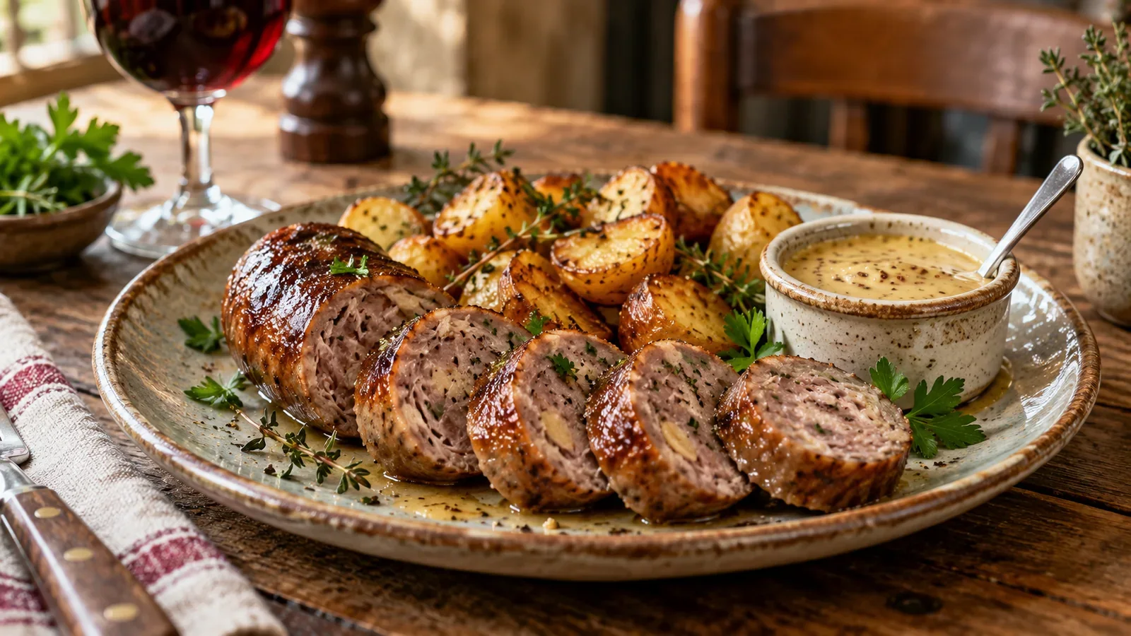 Une andouillette dorée au four, tranchée en rondelles sur une assiette, avec des pommes de terre rôties et une sauce moutarde