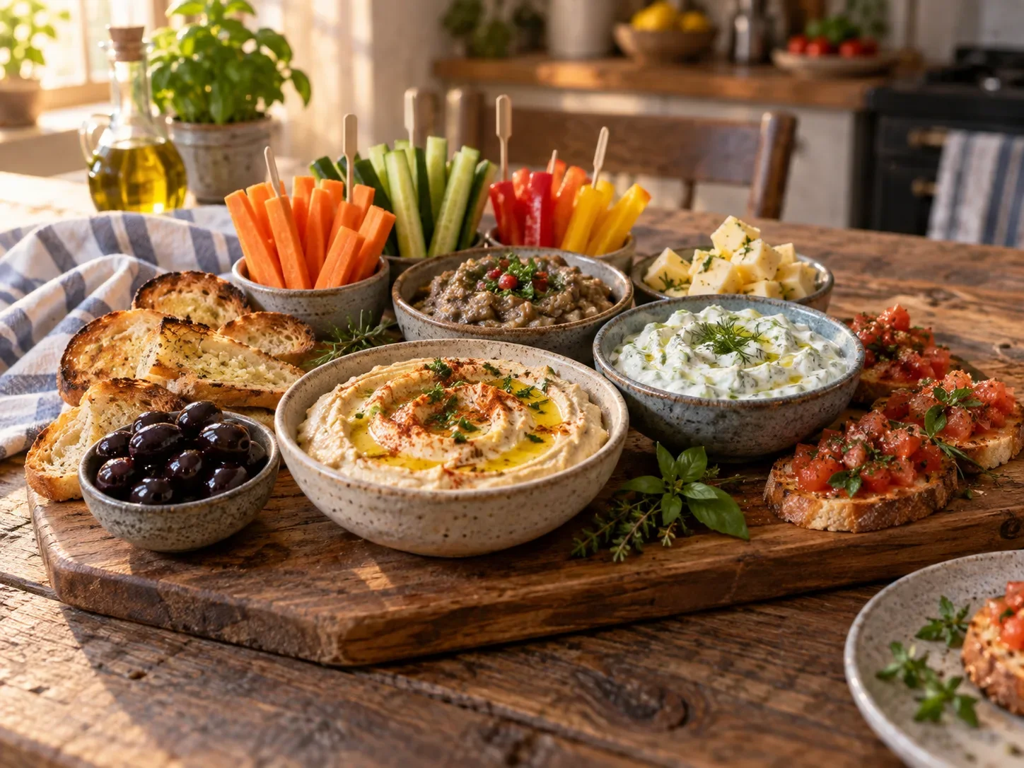 Planche d'apéritif dinatoire avec bols de houmous, tzatziki et caviar d'aubergine, crudités, olives et pain grillé
