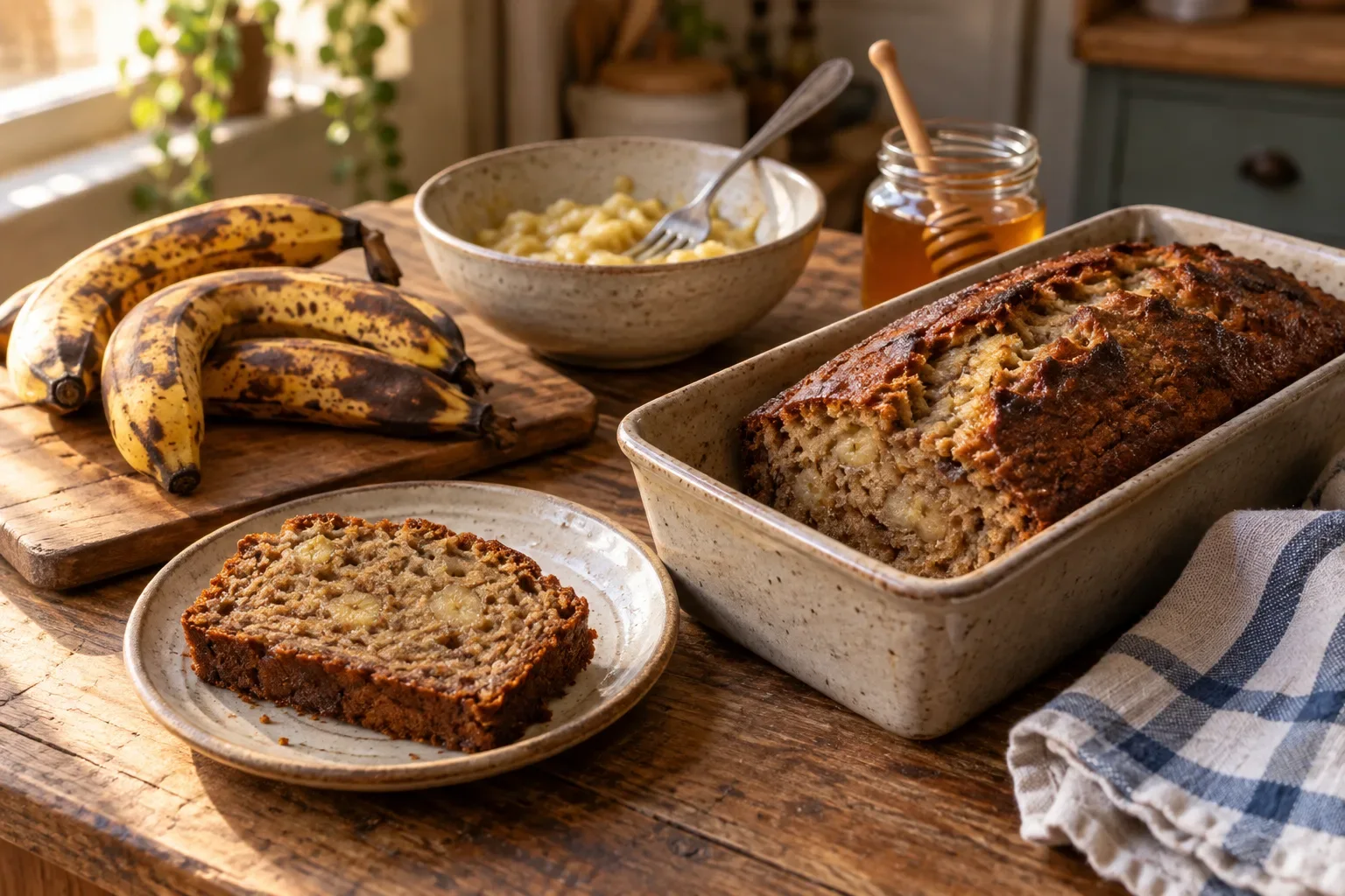 Banana bread tranché dans son moule en grès, bananes très mûres tachetées de brun et purée de banane dans un bol