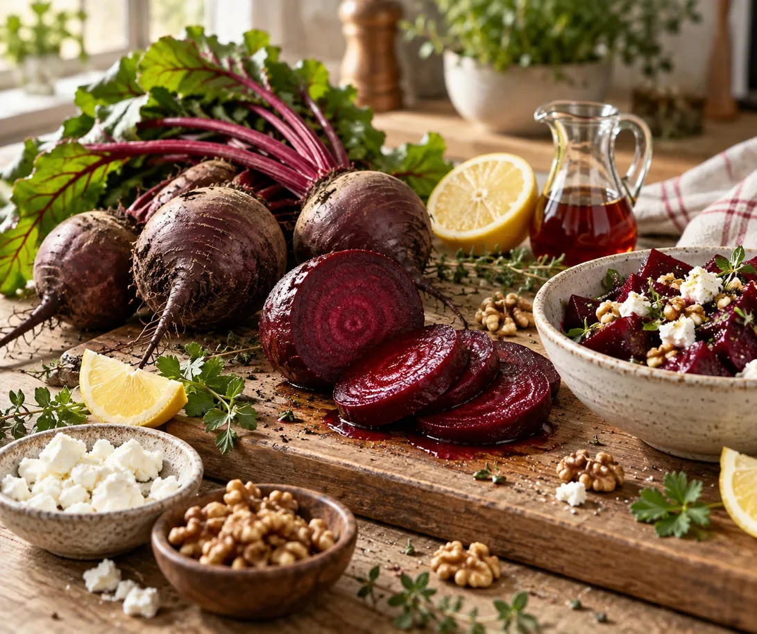 Betteraves avec citron, vinaigre, noix et fromage frais