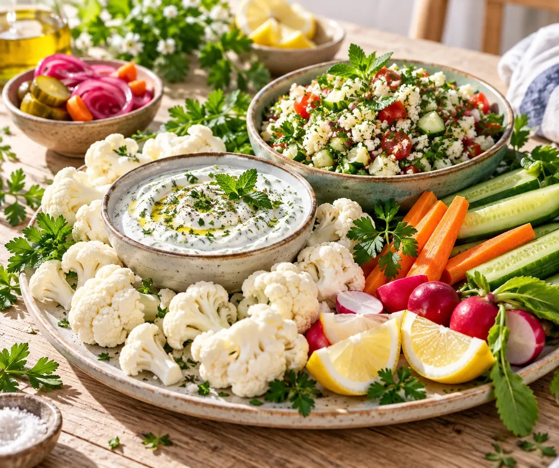 Chou-fleur cru en salade, dips et pickles