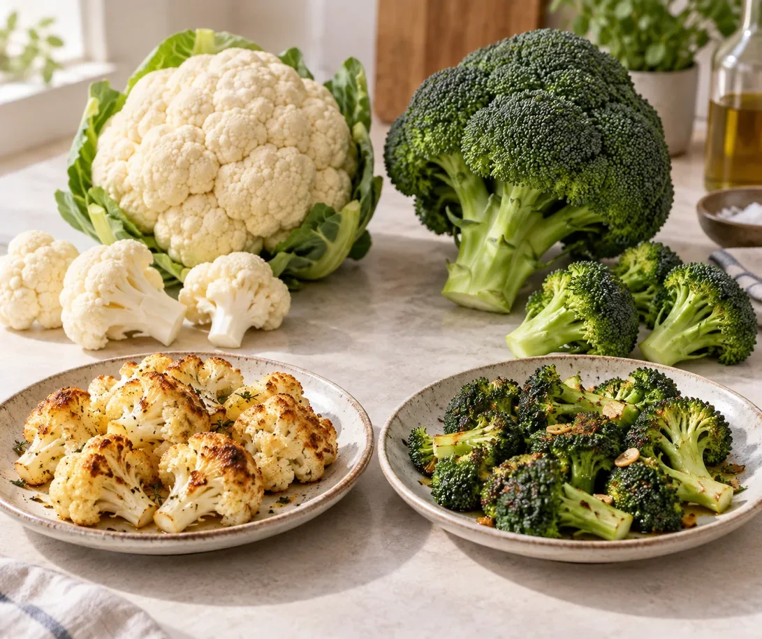 Chou-fleur et brocoli avec fleurettes et assiettes préparées