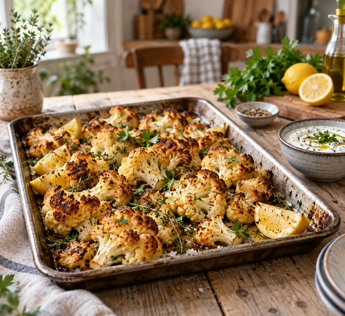 Fleurettes de chou-fleur rôties sur une plaque avec citron et herbes