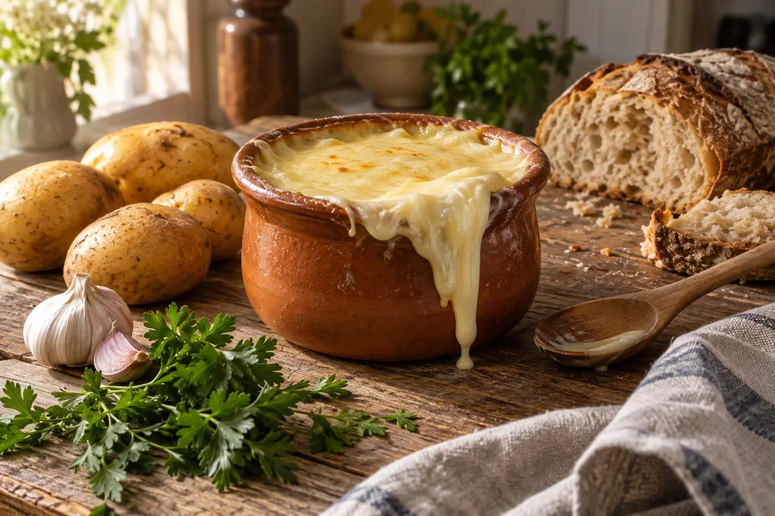 Un pot de cancoillotte fondue sur une table en bois, entouré de pommes de terre chaudes, d'une gousse d'ail et de persil frais