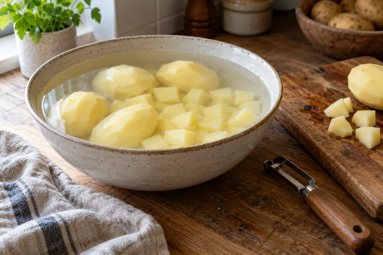 Des pommes de terre épluchées entières et coupées qui trempent dans un saladier d'eau froide, sur une planche en bois
