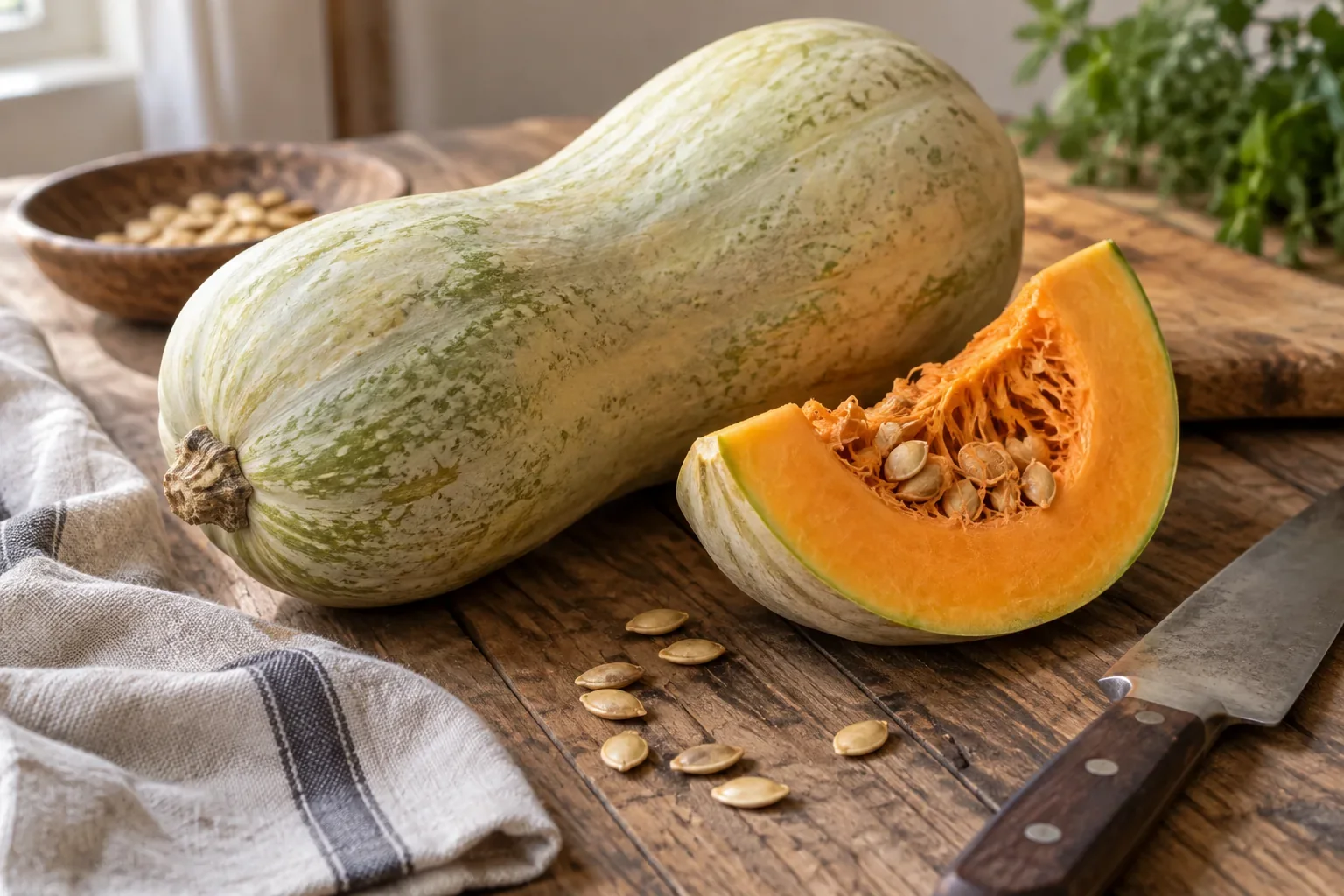 Une courge de Nice entière et une tranche coupée montrant sa chair orange, sur une table en bois avec des graines et un couteau
