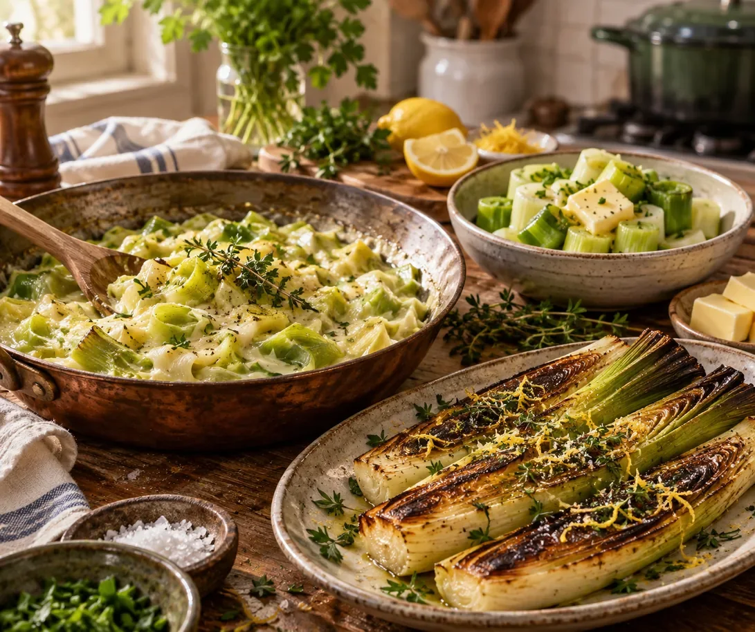 Poireaux cuits en fondue, rôtis et vapeur