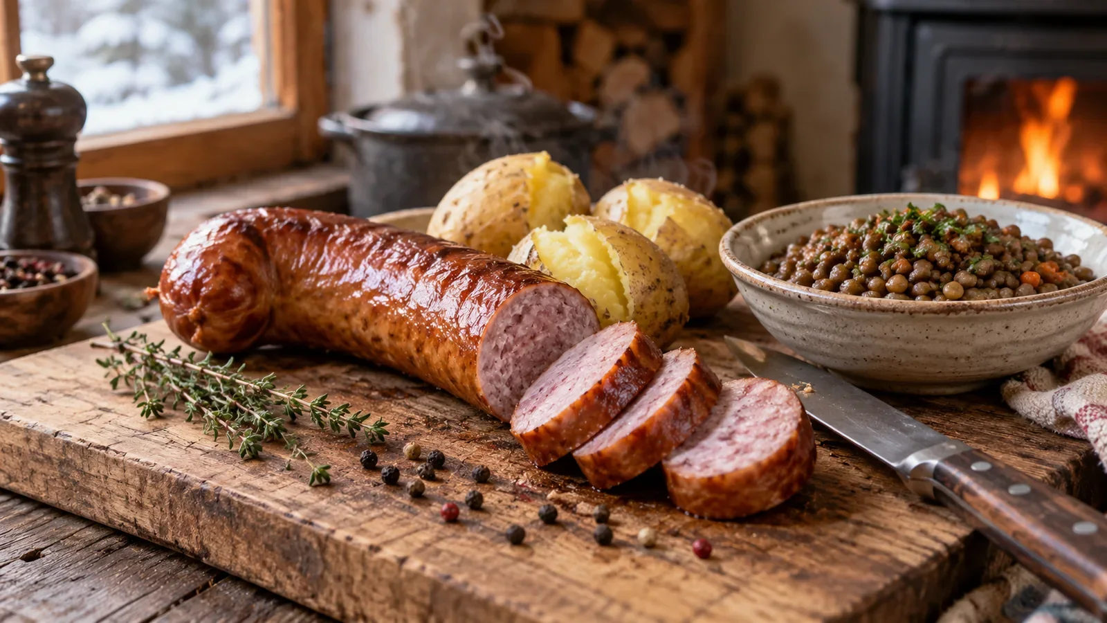 Une saucisse de Morteau fumée entière et tranchée sur une planche, avec des pommes de terre vapeur et des lentilles