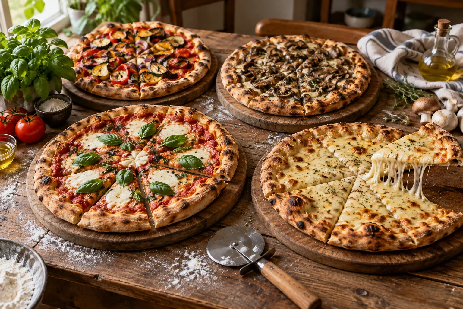 Plusieurs pizzas maison différentes coupées en parts sur des planches en bois, margherita au basilic, légumes rôtis et fromage fondant