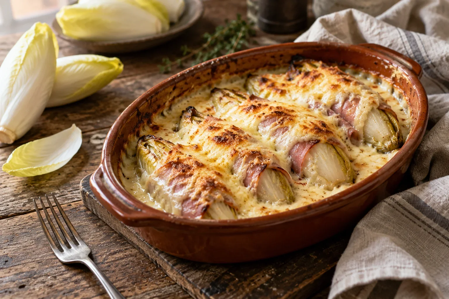 Des endives au jambon gratinées dans un plat ovale, fromage doré et jambon apparent entre les feuilles