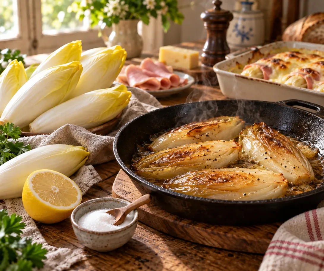 Endives fraîches et braisées avec citron et beurre