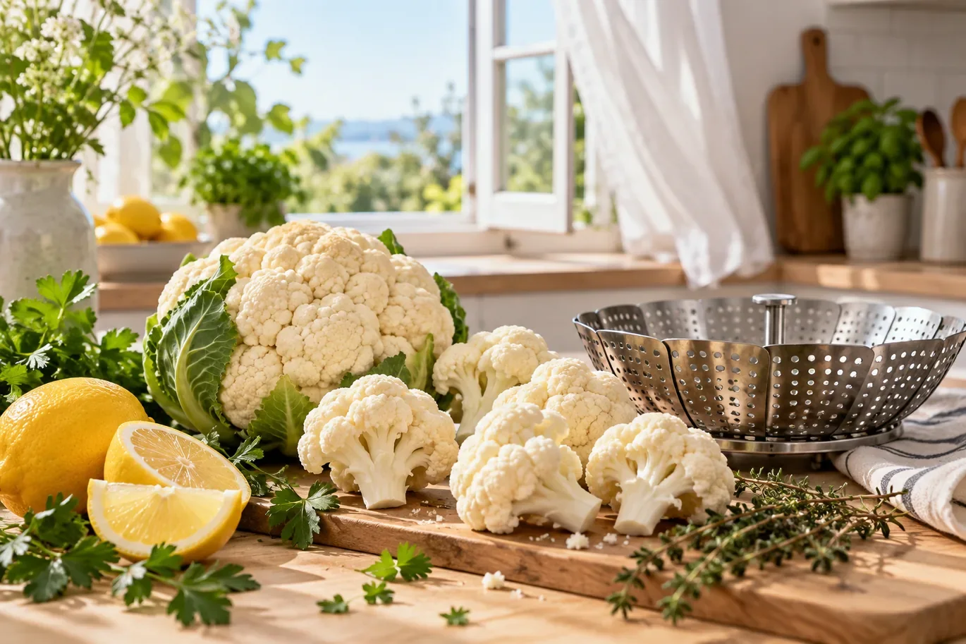 Chou-fleur, citron et panier vapeur sur un plan de travail clair