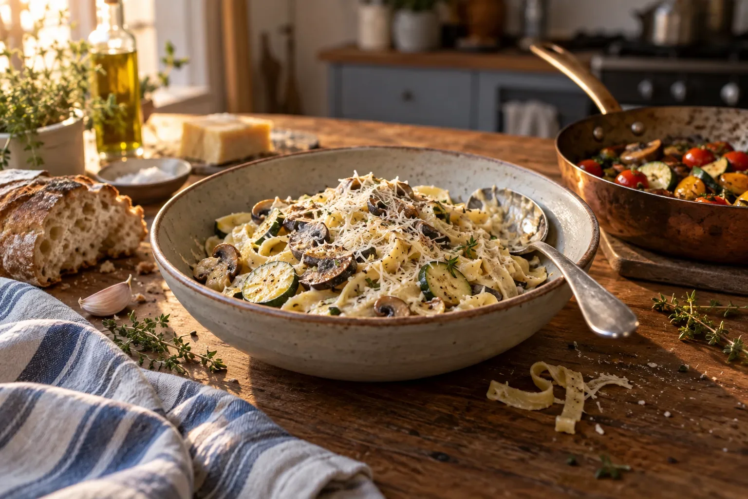Grand bol de pâtes crémeuses aux courgettes et aux champignons, poêlée de légumes dans une poêle en cuivre à côté