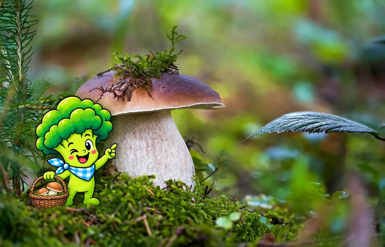 BrocoLouis désignant un cèpe poussé dans la mousse d'une forêt de conifères, panier de champignons à ses pieds