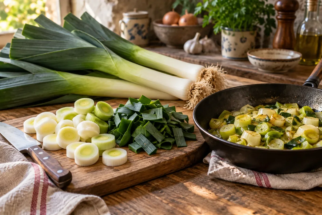 Poireaux entiers avec blanc, vert et rondelles