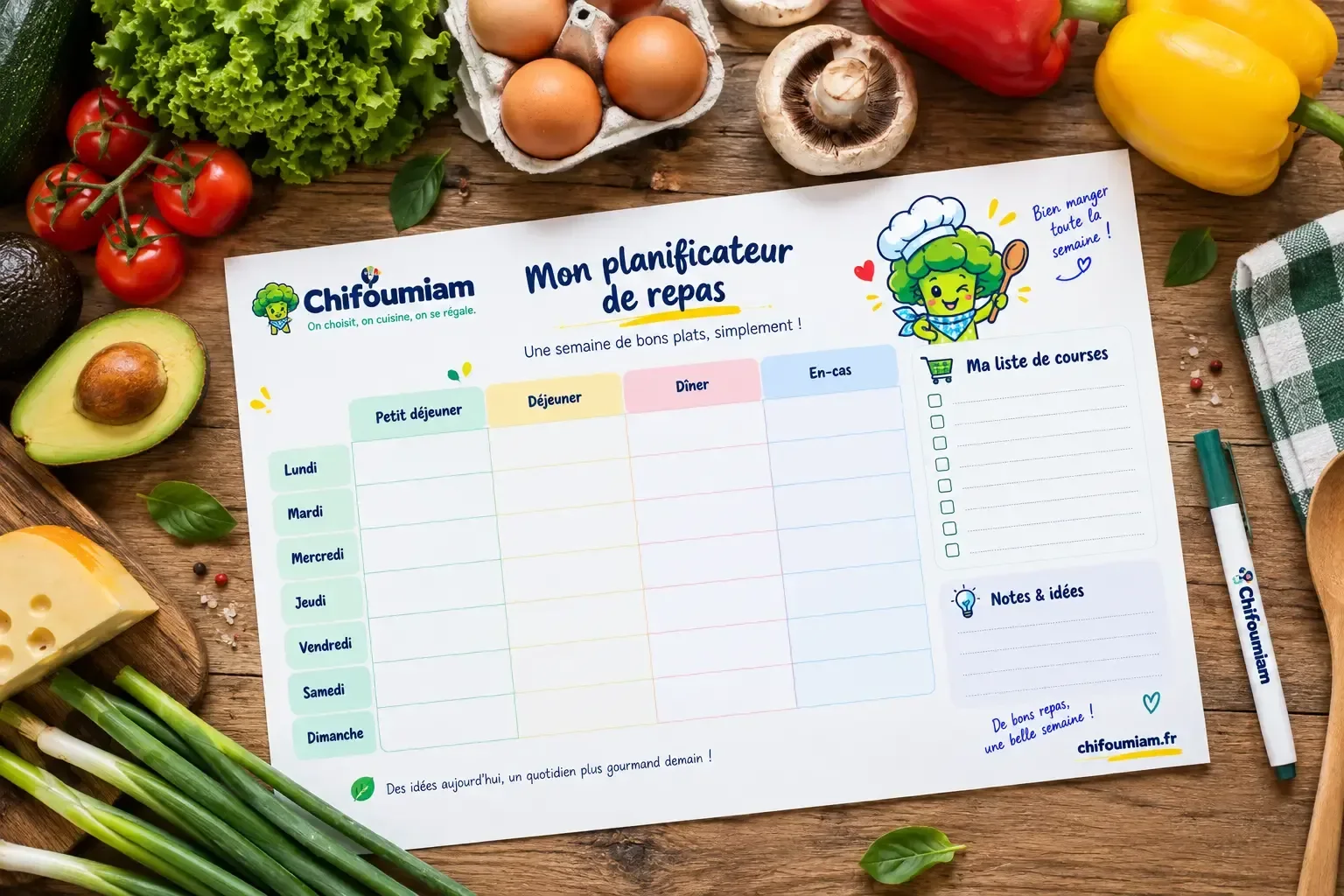 Le planificateur de repas Chifoumiam posé sur une table en bois, entouré de légumes frais, d'oeufs et d'un stylo Chifoumiam