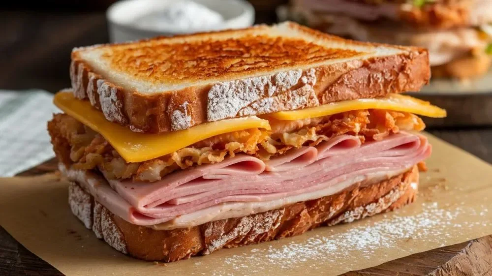 Croque-monsieur doré au fromage fondu, coupé et servi sur une planche