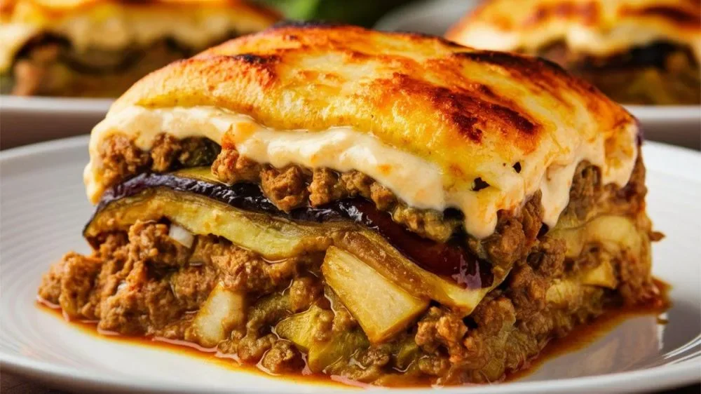 Moussaka grecque gratinée, couches d'aubergine et béchamel dorée