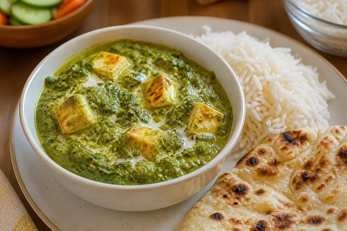 Palak paneer, épinards fondants et cubes de fromage indien, servi avec riz et naan