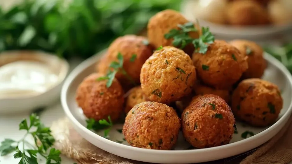 Falafels dorés aux pois chiches servis avec des crudités et une sauce végétale