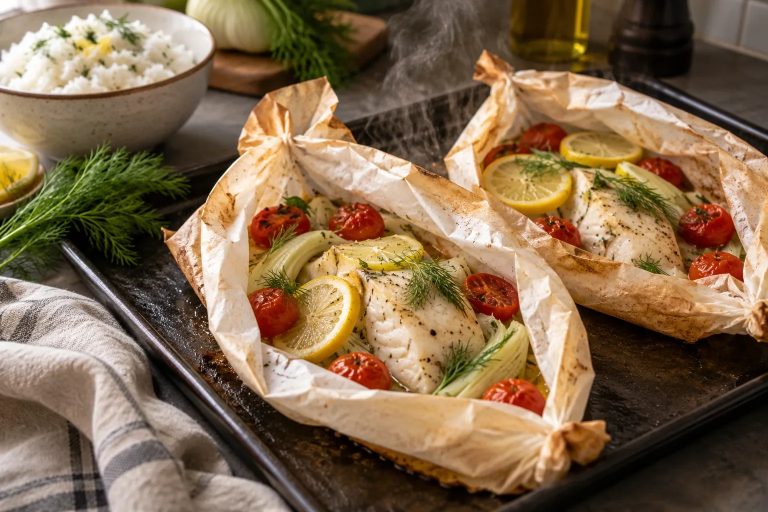 Deux papillotes de poisson ouvertes sur une plaque, avec citron, tomates cerises et fenouil, et un peu de vapeur qui s'en échappe