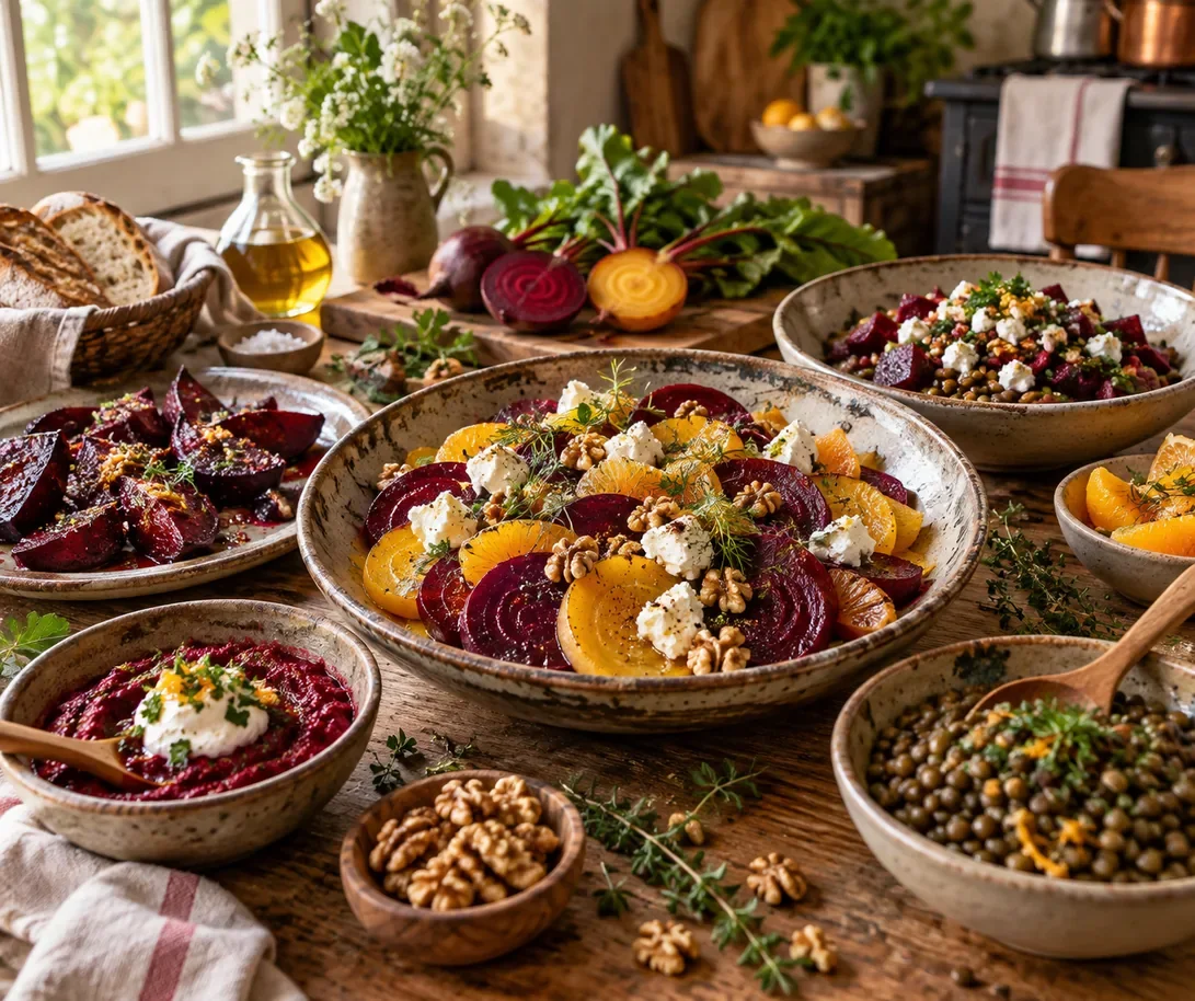 Idées simples avec des betteraves, lentilles, fromage et noix