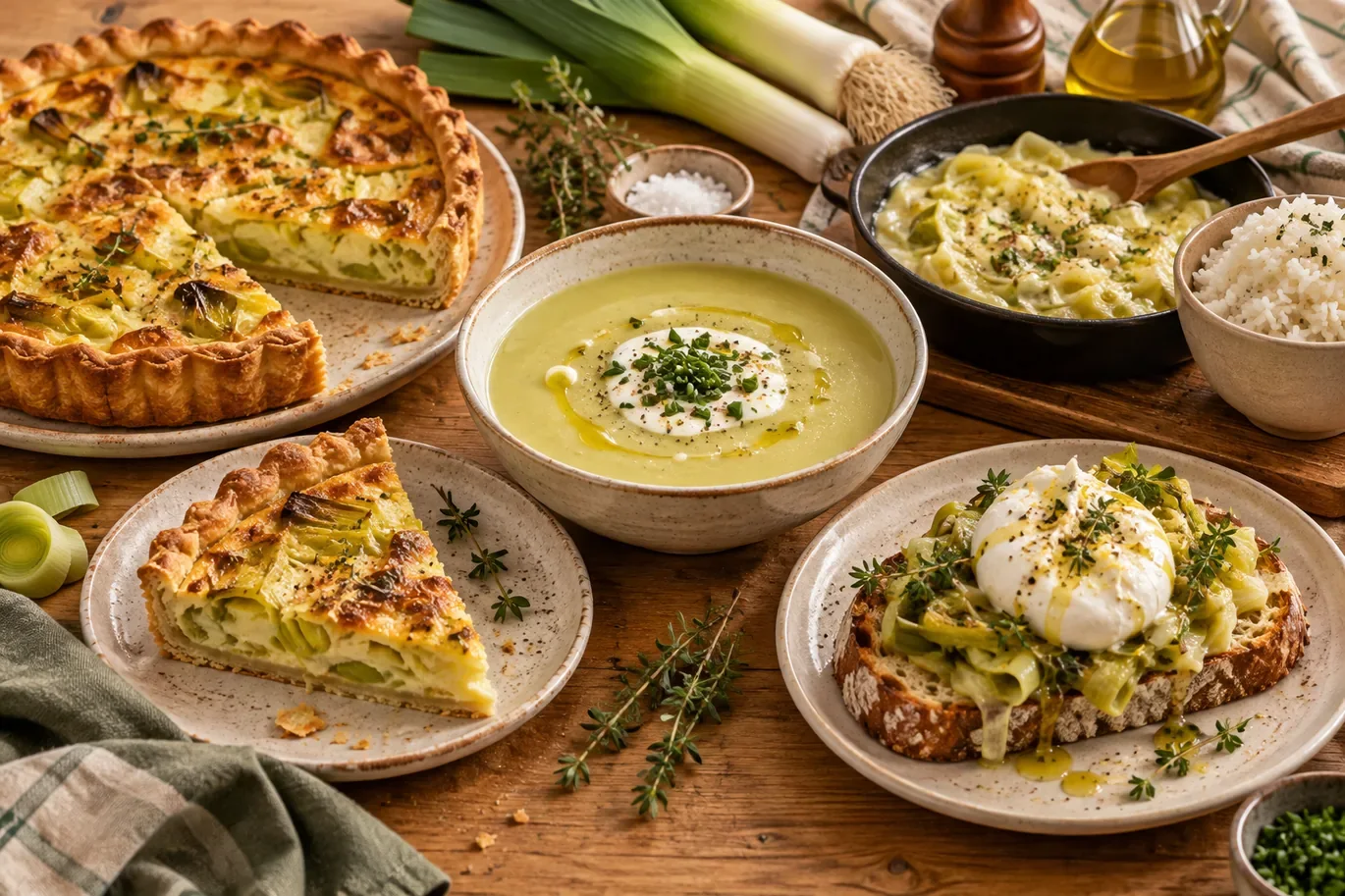 Idées de repas avec poireaux, soupe, tarte et tartines