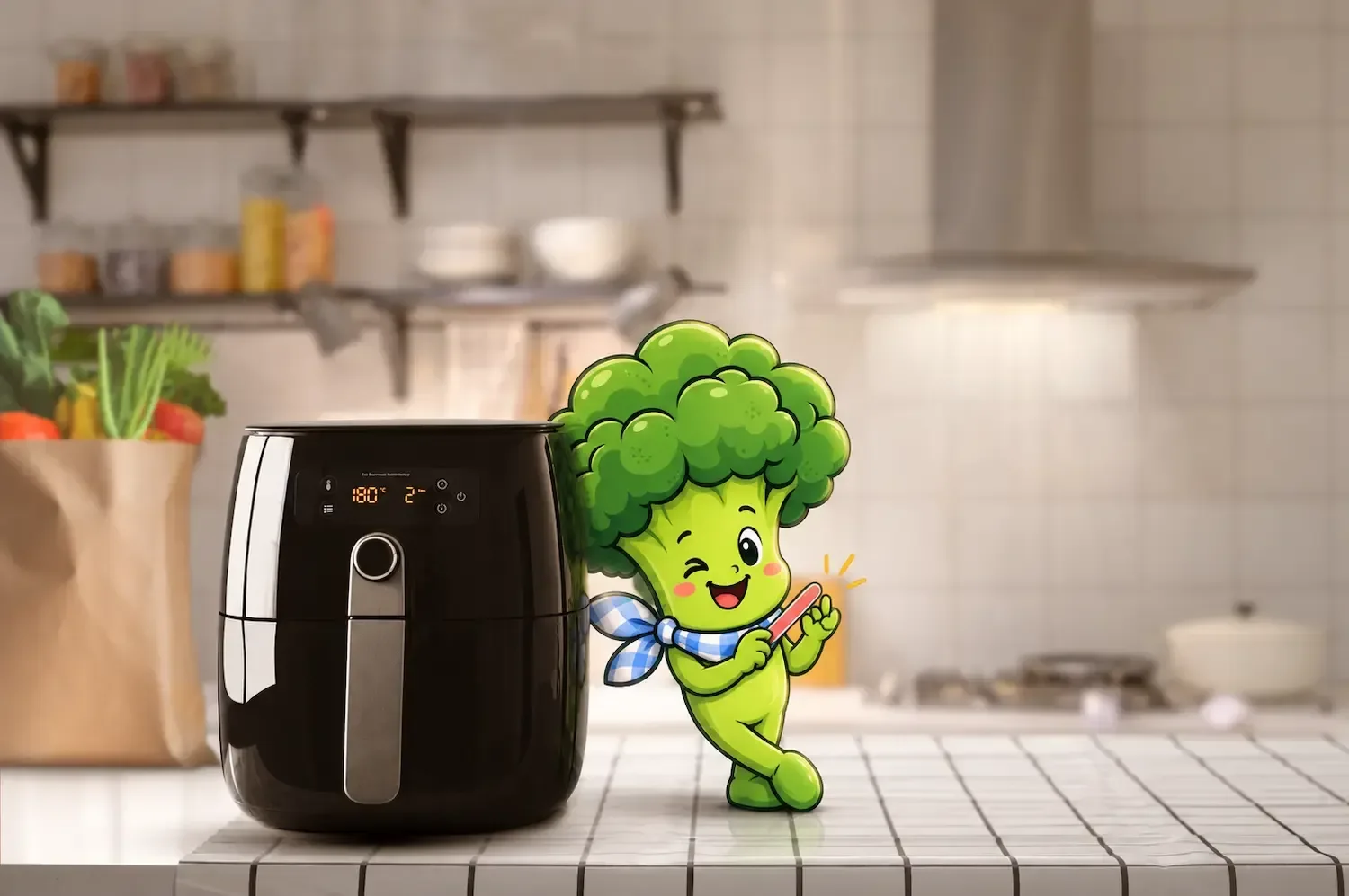 La mascotte brocoli de Chifoumiam, un tablier bleu et blanc au cou, debout à côté d'une friteuse à air noire posée sur un plan de travail de cuisine