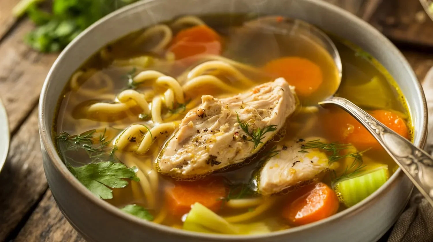 Vue plongeante sur une cocotte en fonte pleine de morceaux de poulet dorés, posée sur une planche en bois avec du citron, de l'ail et des herbes fraîches autour