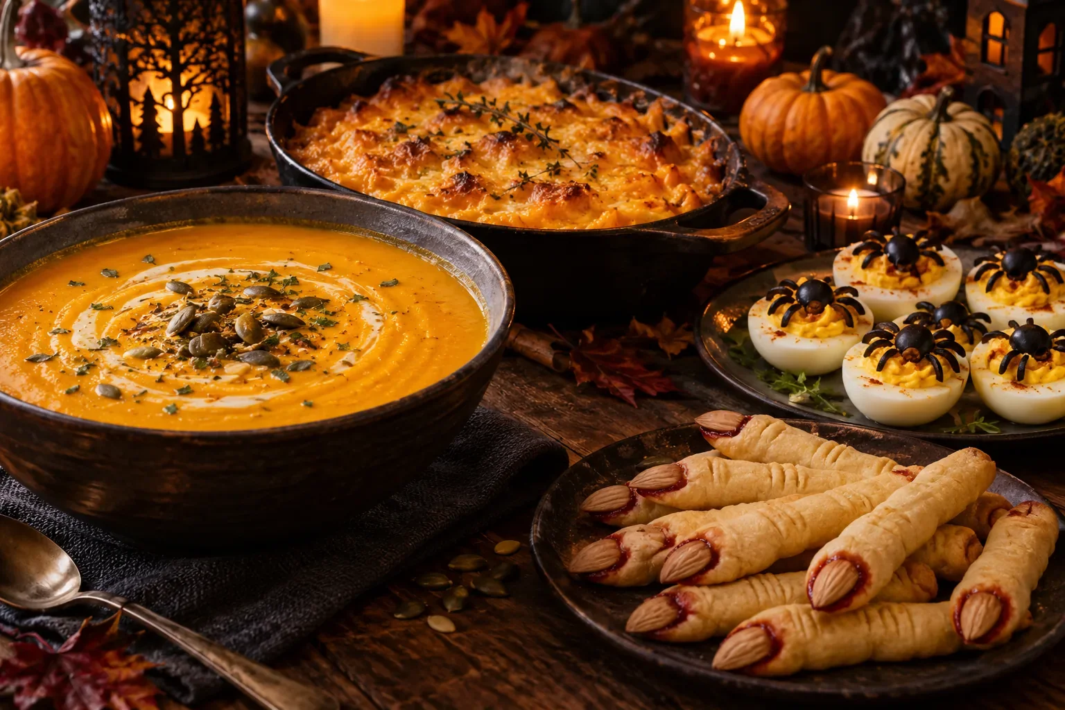 Une table d'Halloween avec un velouté orange de courge, un gratin doré et des légumes rôtis sombres, dans une ambiance de soirée