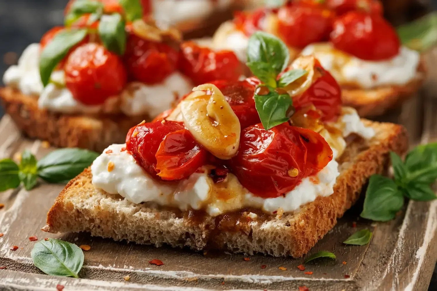 Des tartines de pain grillé garnies de fromage frais, de tomates rôties et de basilic frais, sur une planche en bois