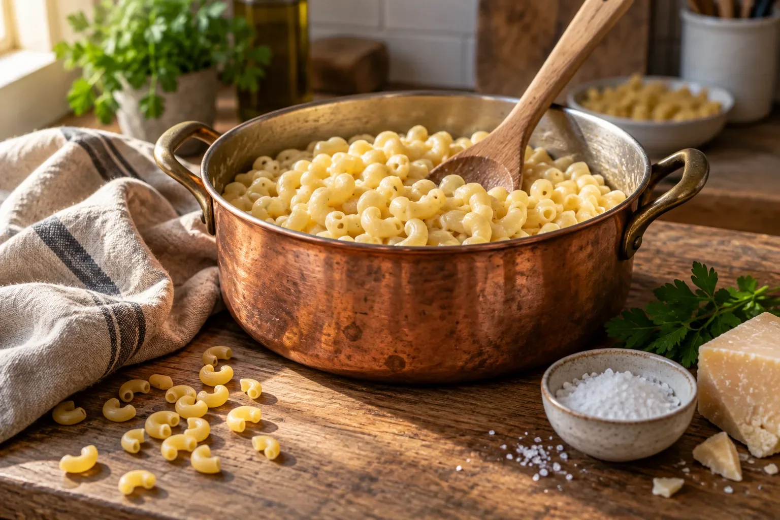 Des coquillettes cuites dans une casserole en cuivre, avec une cuillère en bois et un torchon à côté