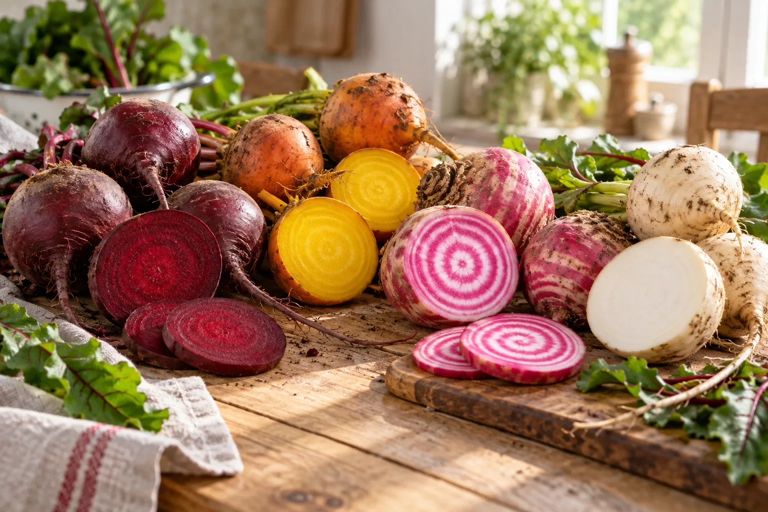 Assortiment de betteraves rouges, jaunes, chioggia et blanches coupées
