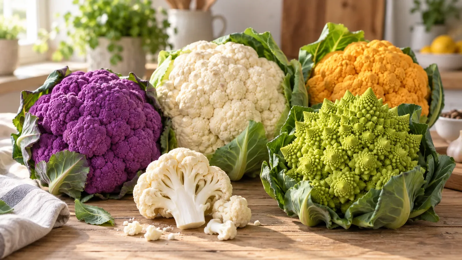 Assortiment de choux-fleurs blanc, violet, orange et romanesco sur une table