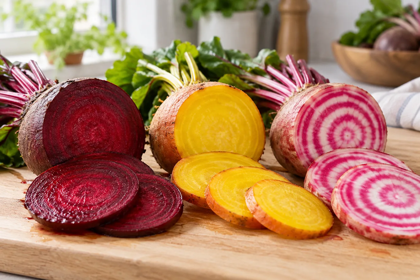 Betterave rouge, jaune et chioggia coupées