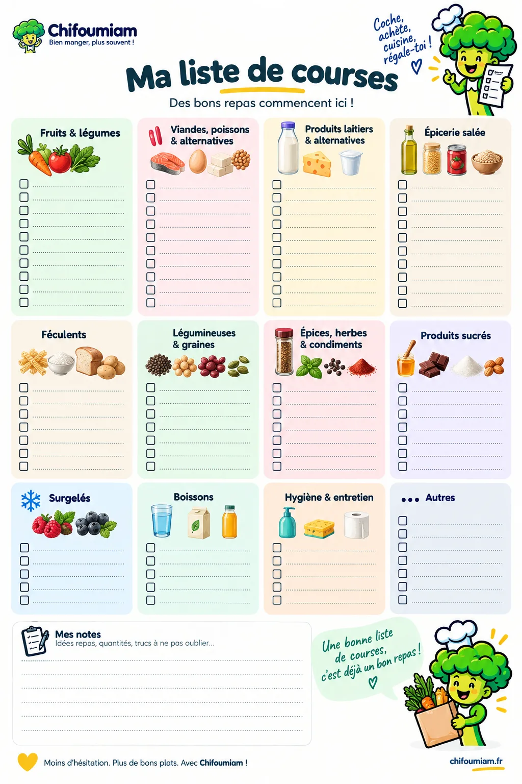 Liste de courses Chifoumiam à imprimer au format portrait, douze rayons avec des cases à cocher
