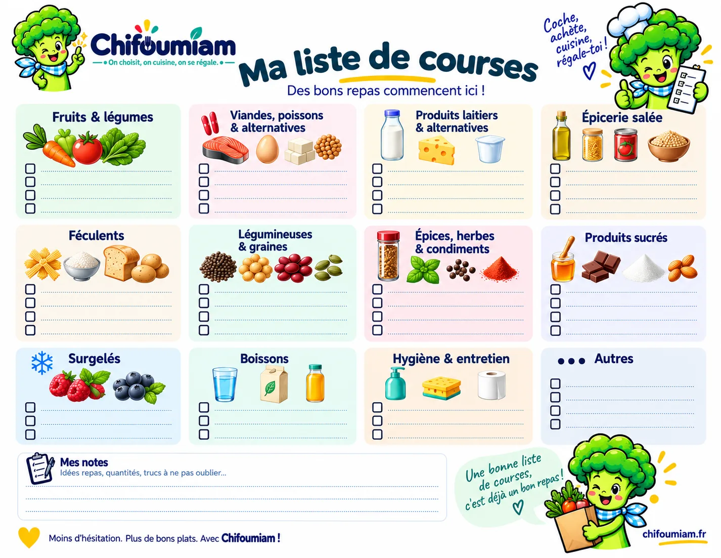 Liste de courses Chifoumiam à imprimer au format paysage, douze rayons avec des cases à cocher