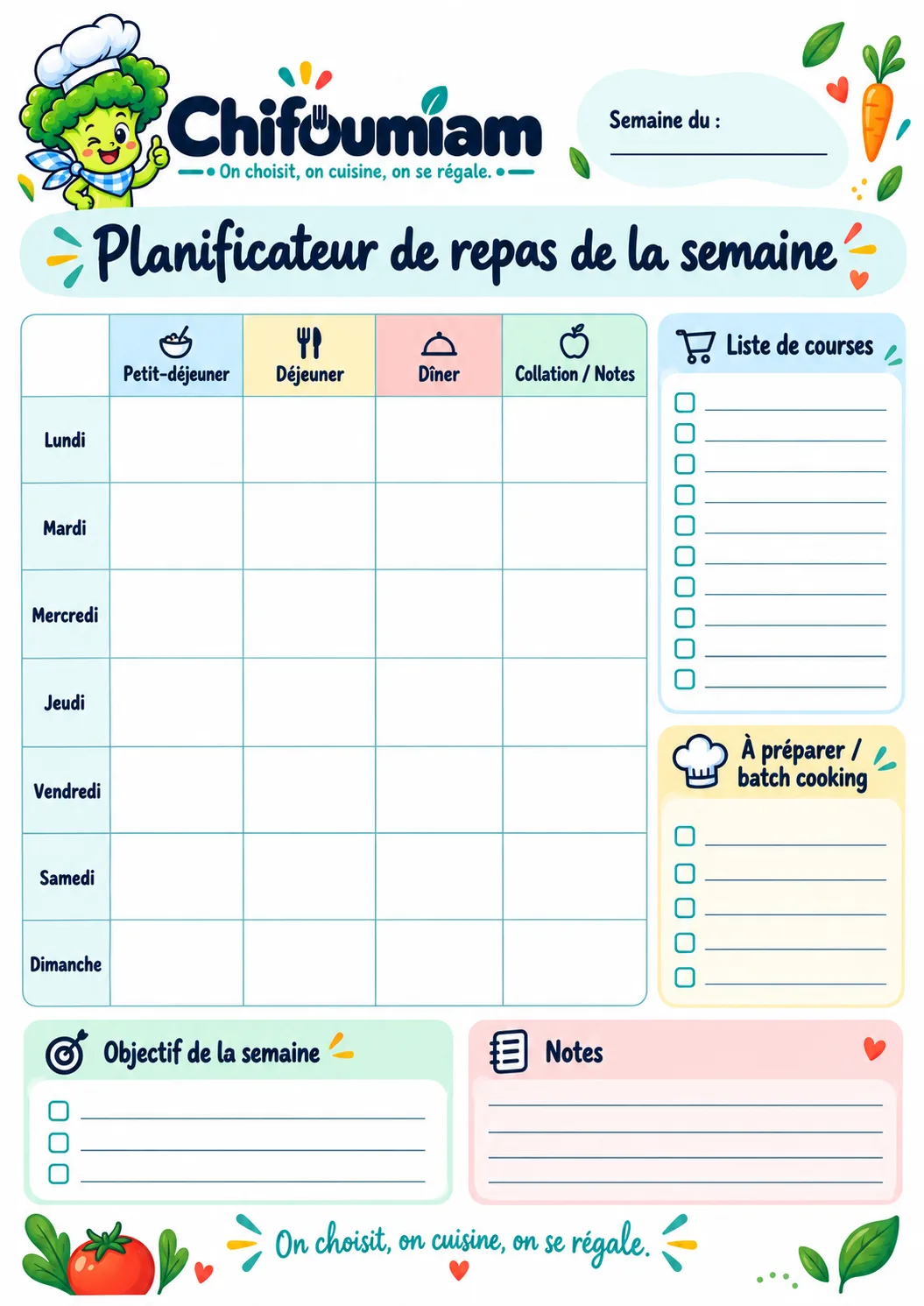Planificateur de repas de la semaine Chifoumiam à imprimer, grille du lundi au dimanche avec liste de courses et panneau à préparer