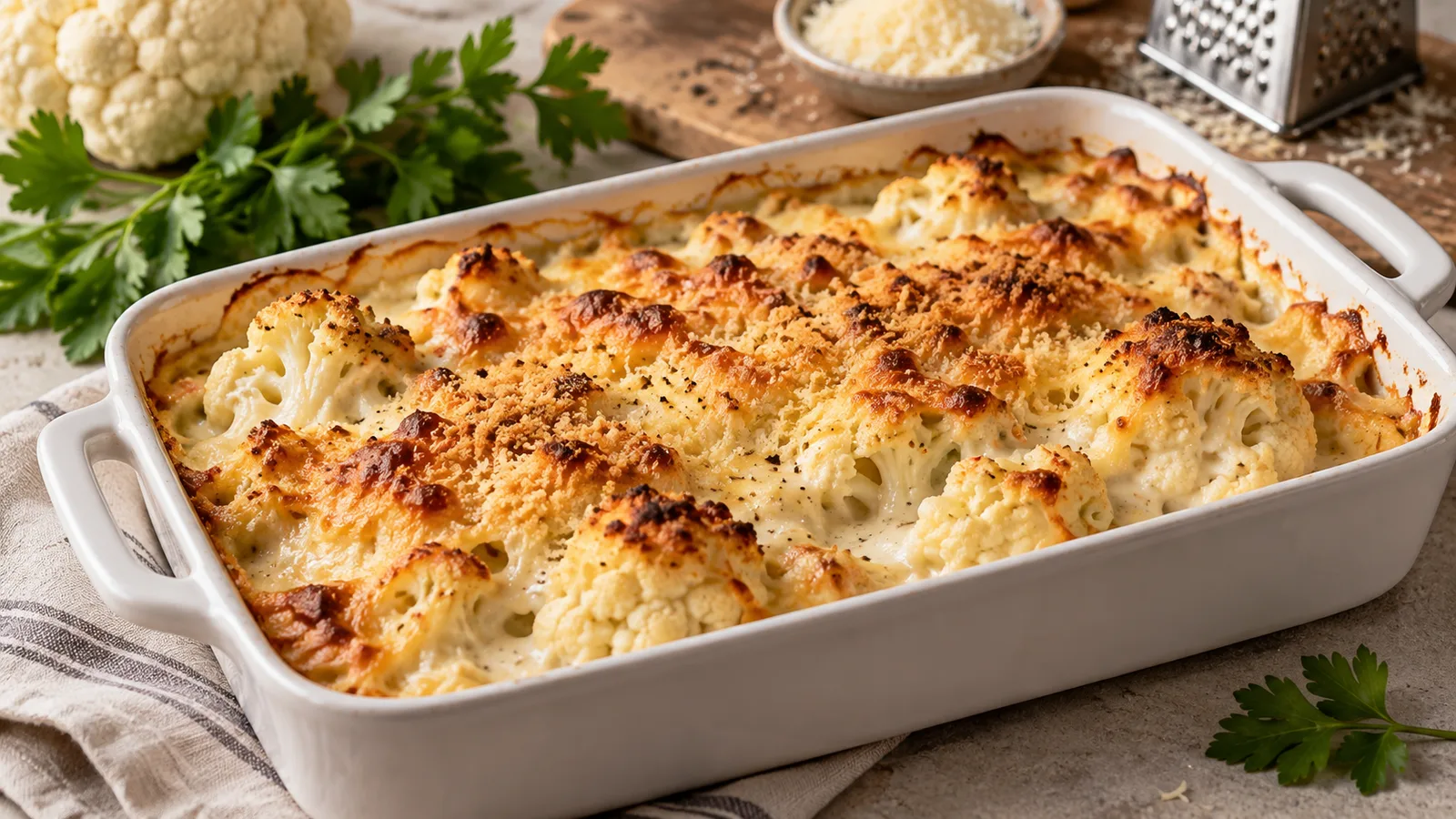 Gratin de chou-fleur doré dans un plat rectangulaire en céramique