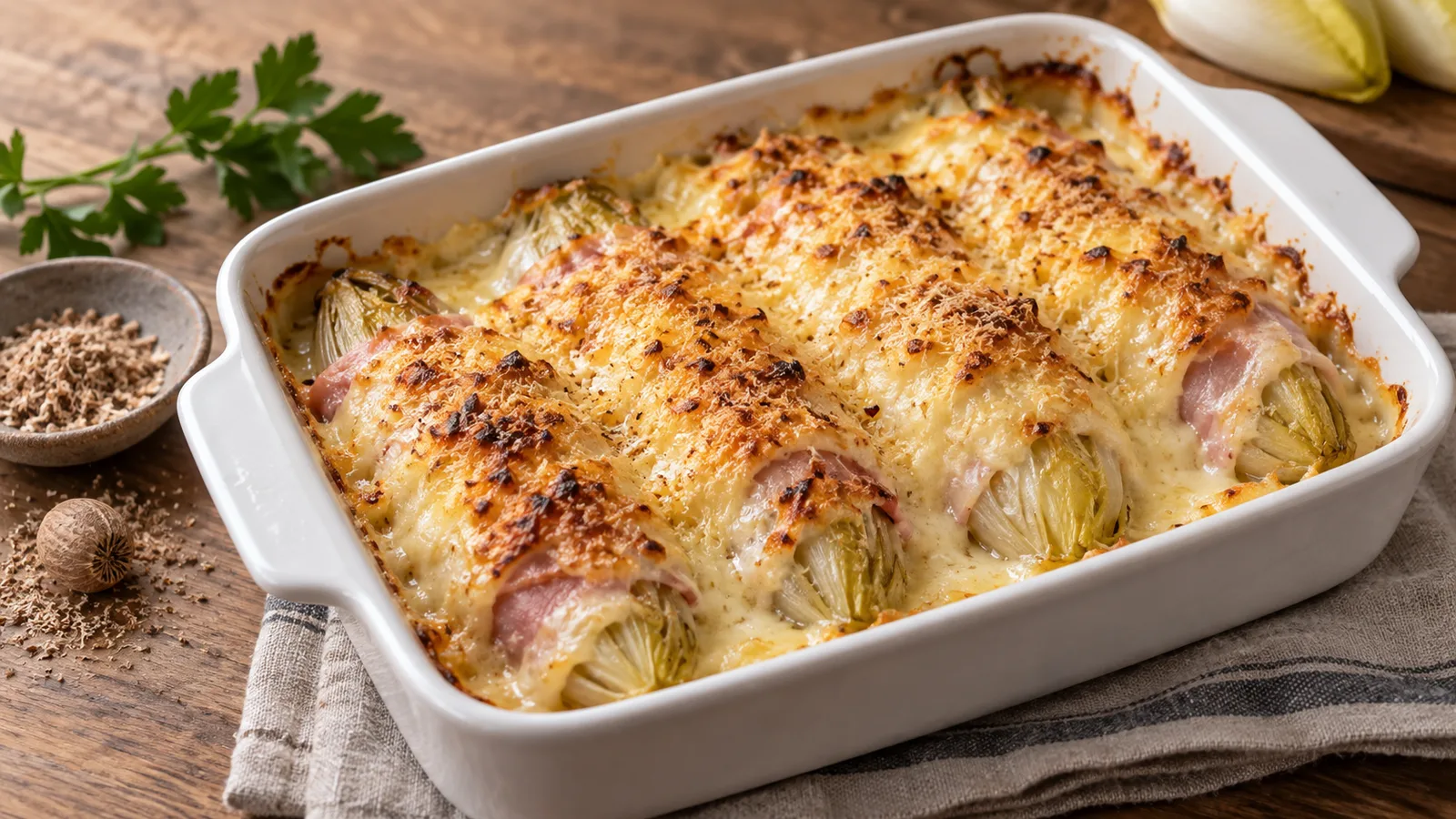 Gratin d’endives et jambon dans un plat rectangulaire