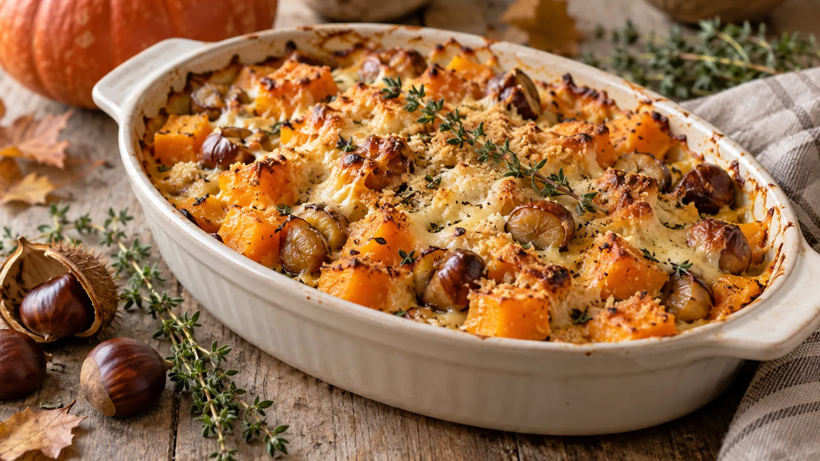 Gratin de potiron et châtaignes dans un plat ovale