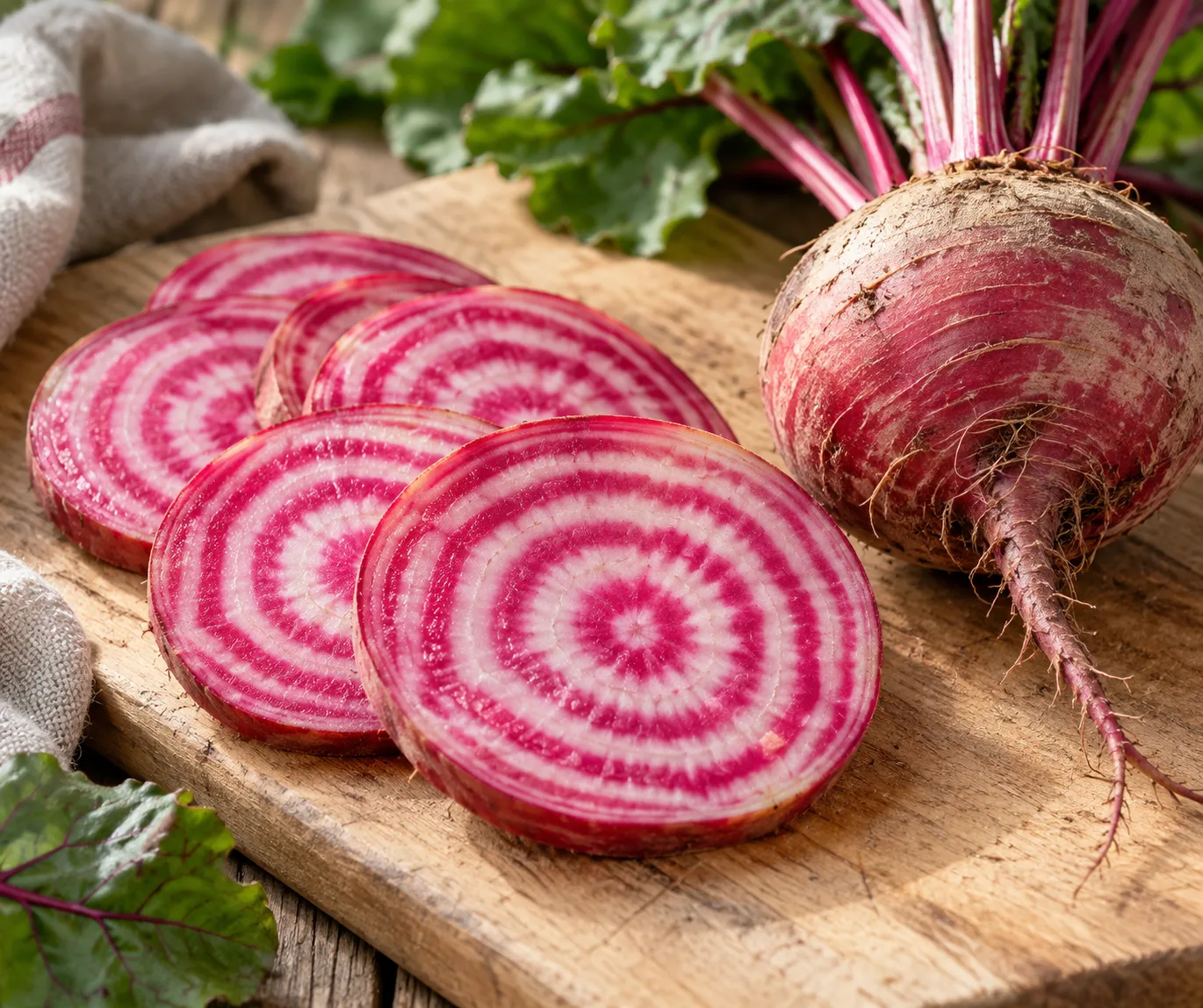 Betterave chioggia coupée avec anneaux roses et blancs
