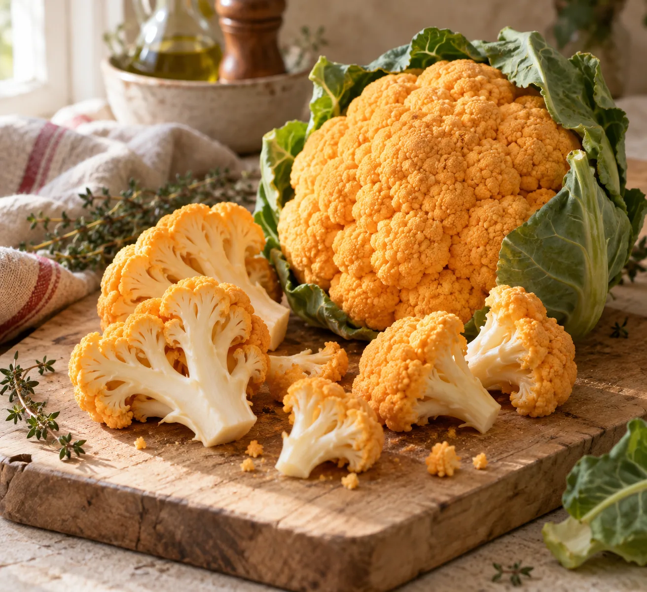 Chou-fleur orange entier et fleurettes coupées