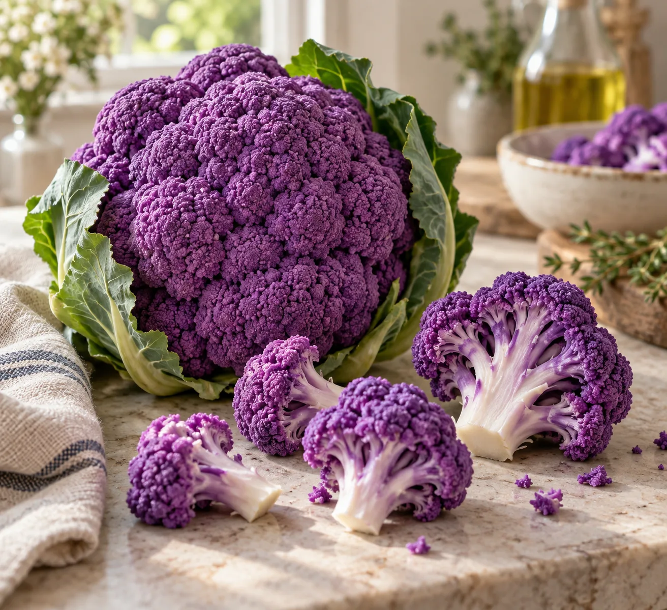 Chou-fleur violet entier et fleurettes coupées