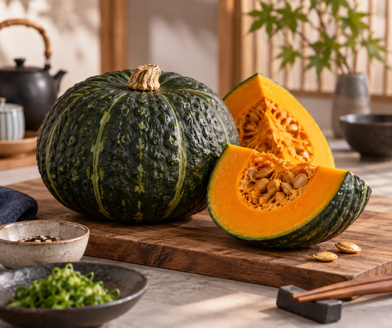 Courge kabocha verte coupée en quartier