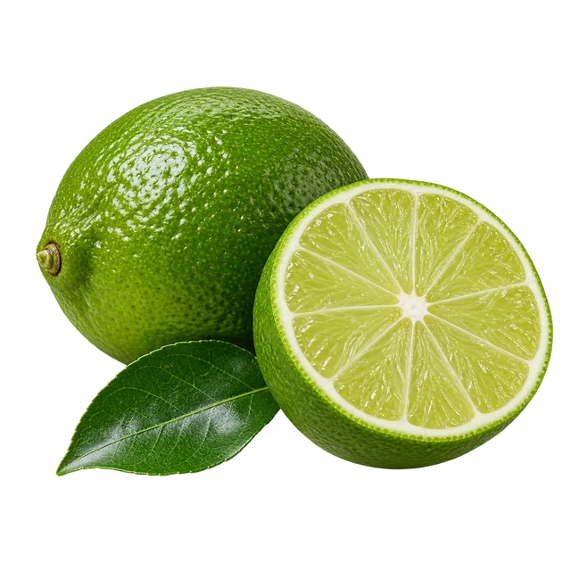 Illustration d’un citron vert entier et d’un demi-fruit à chair verte, avec une feuille