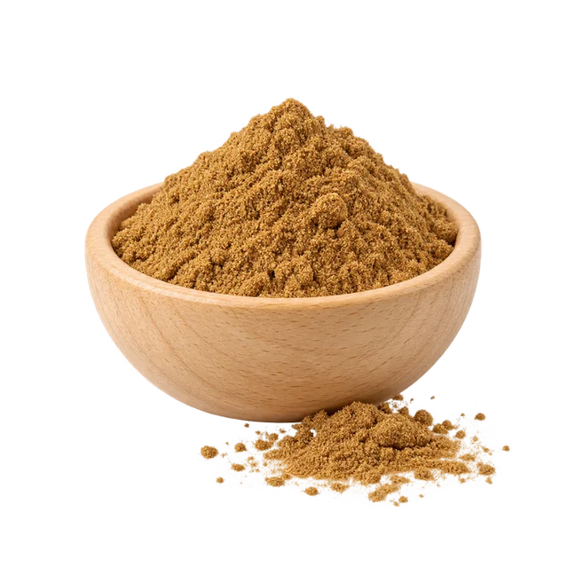 Illustration d’un bol en bois de cumin moulu, poudre brun ocre