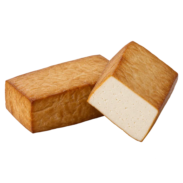 Illustration de deux pièces de tofu fumé, brunes à l’extérieur et pâles à l’intérieur