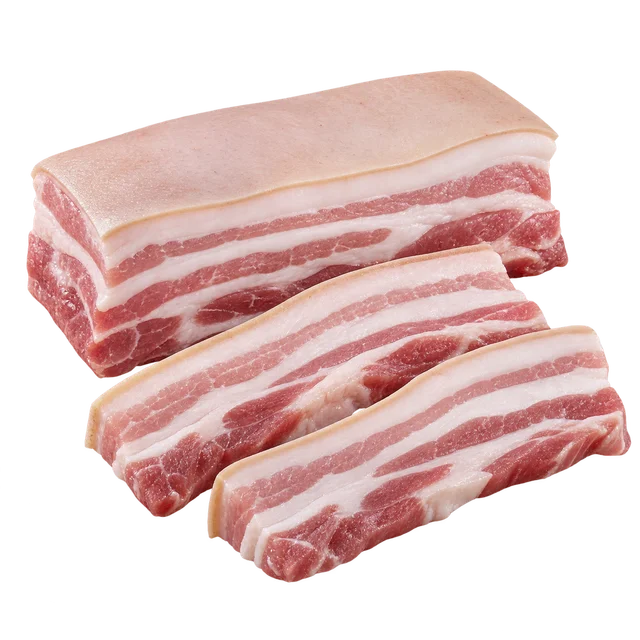 Illustration d’une poitrine de porc crue, avec ses couches de gras et de maigre ; origine non vérifiable sur l’image
